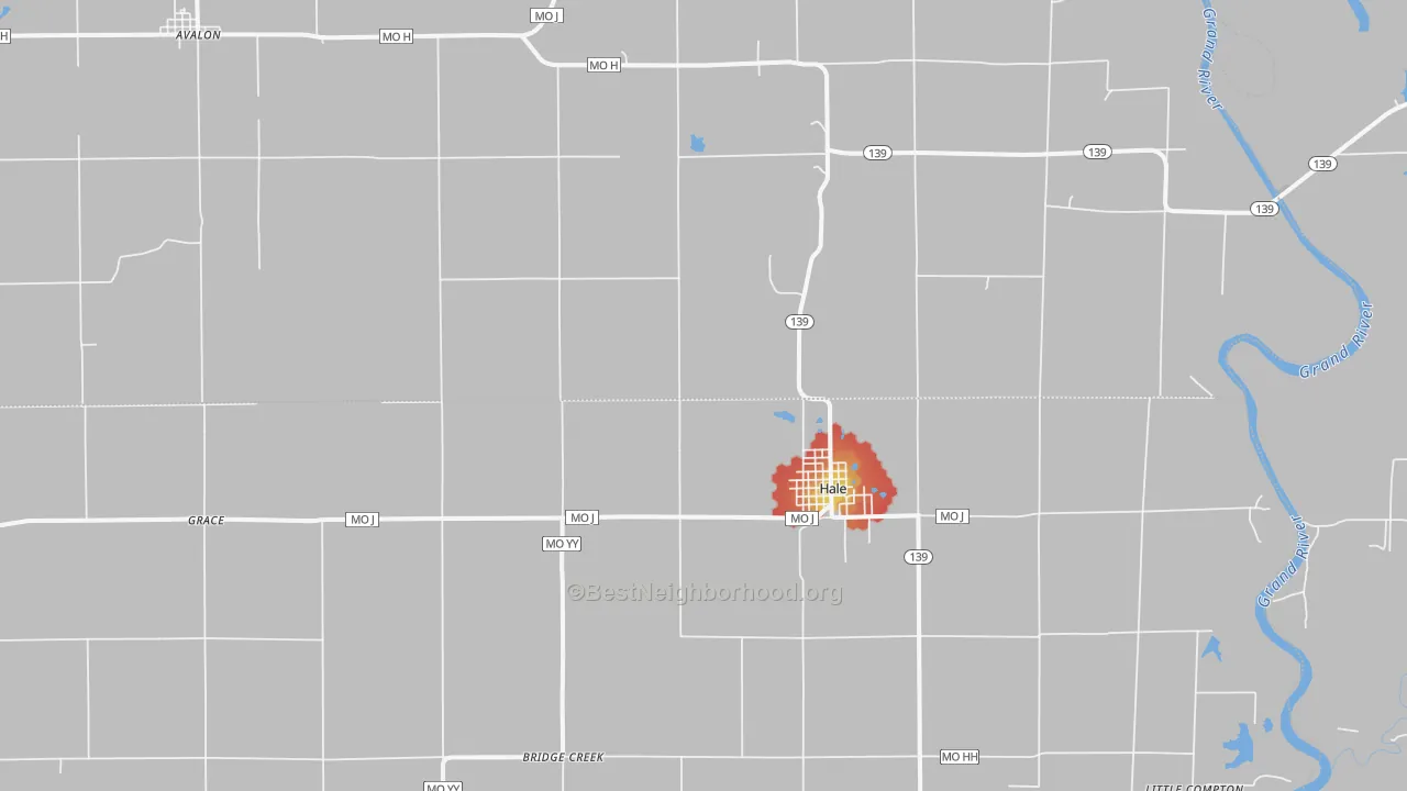 Walk Grade map of 64643, MO, walkable areas in green and car-dependent areas in red