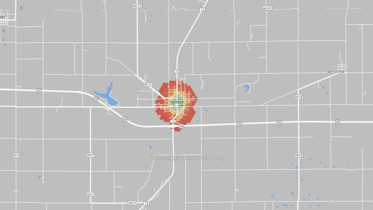 Walk Grade map of 64644, MO, walkable areas in green and car-dependent areas in red