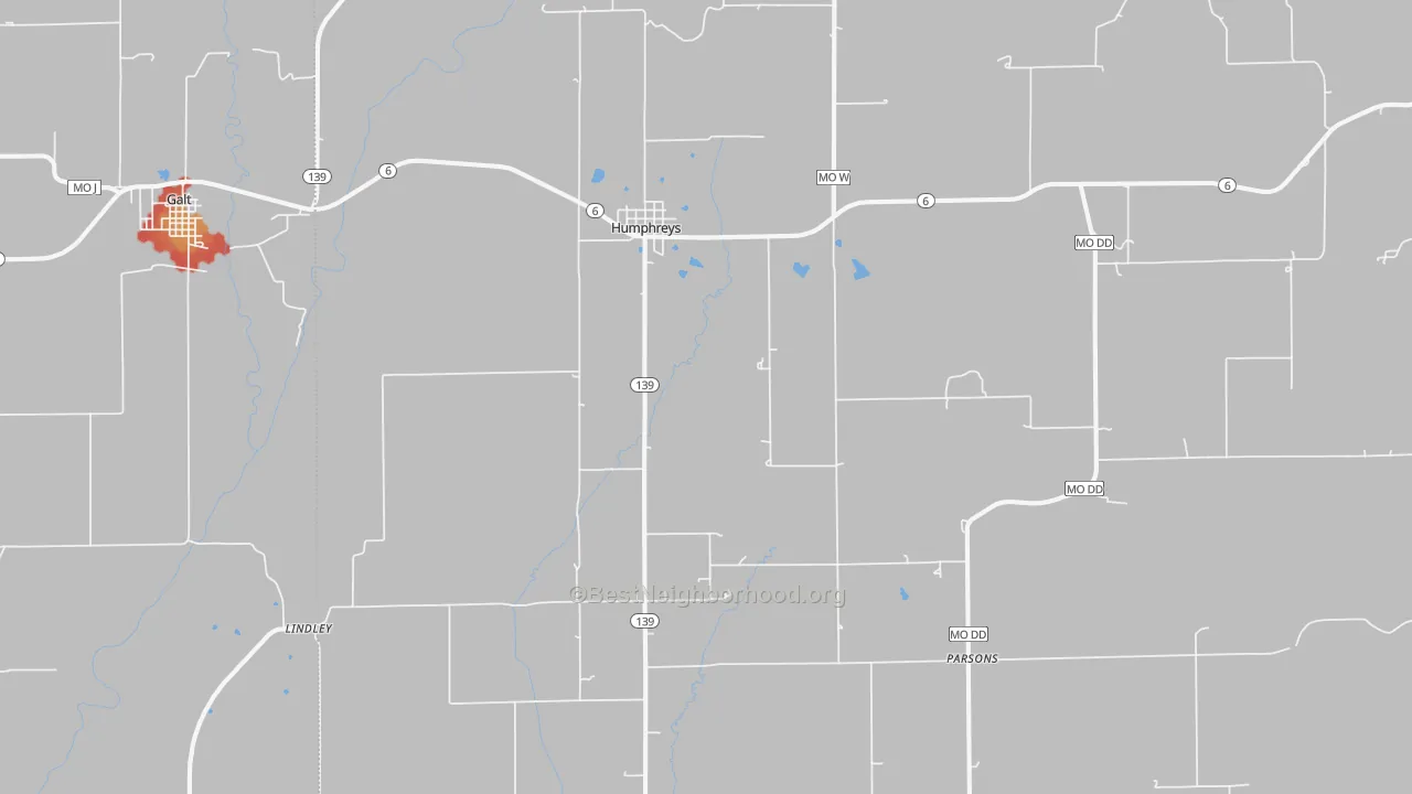 Walk Grade map of 64646, MO, walkable areas in green and car-dependent areas in red
