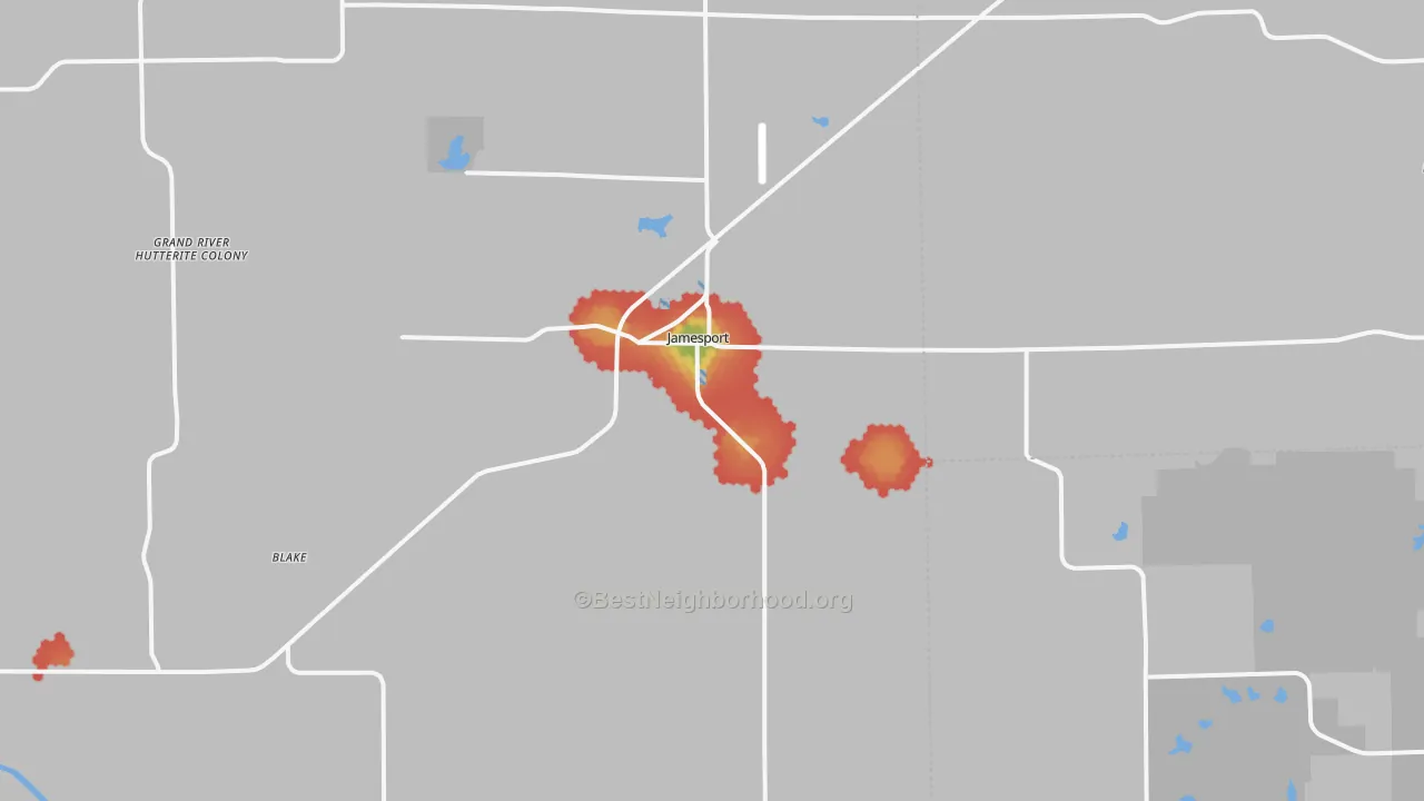 Walk Grade map of 64648, MO, walkable areas in green and car-dependent areas in red