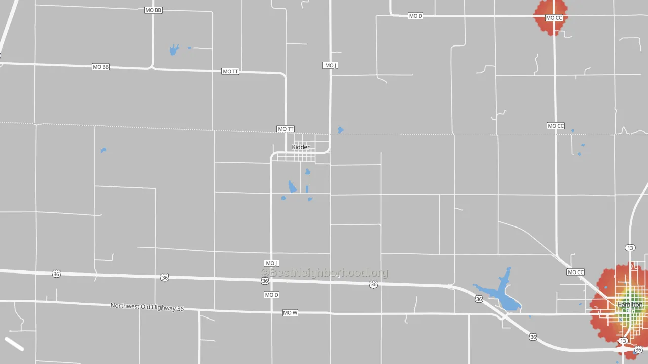 Walk Grade map of 64649, MO, walkable areas in green and car-dependent areas in red