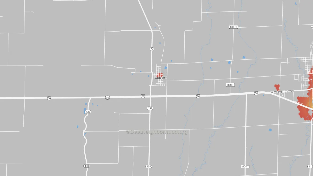 Walk Grade map of 64651, MO, walkable areas in green and car-dependent areas in red