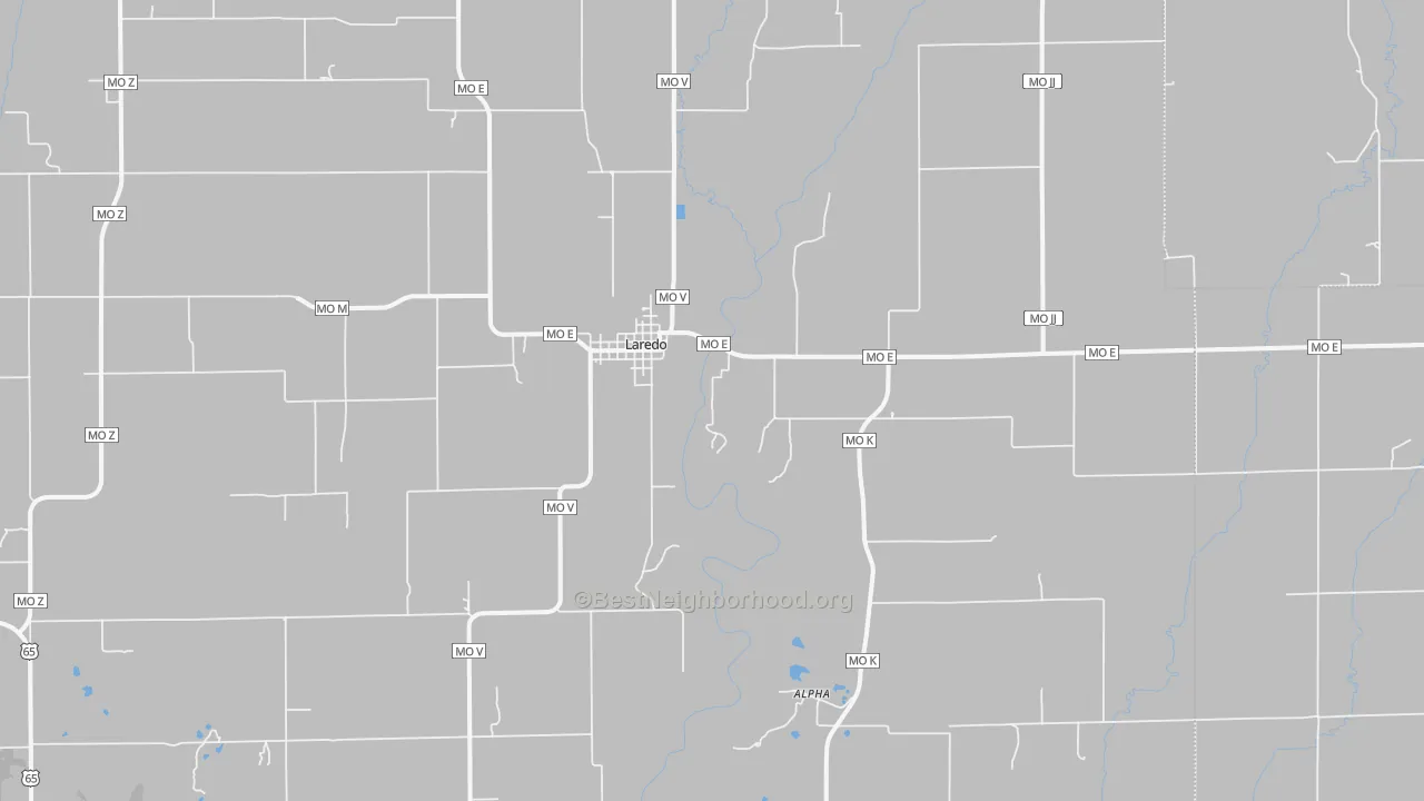Walk Grade map of 64652, MO, walkable areas in green and car-dependent areas in red