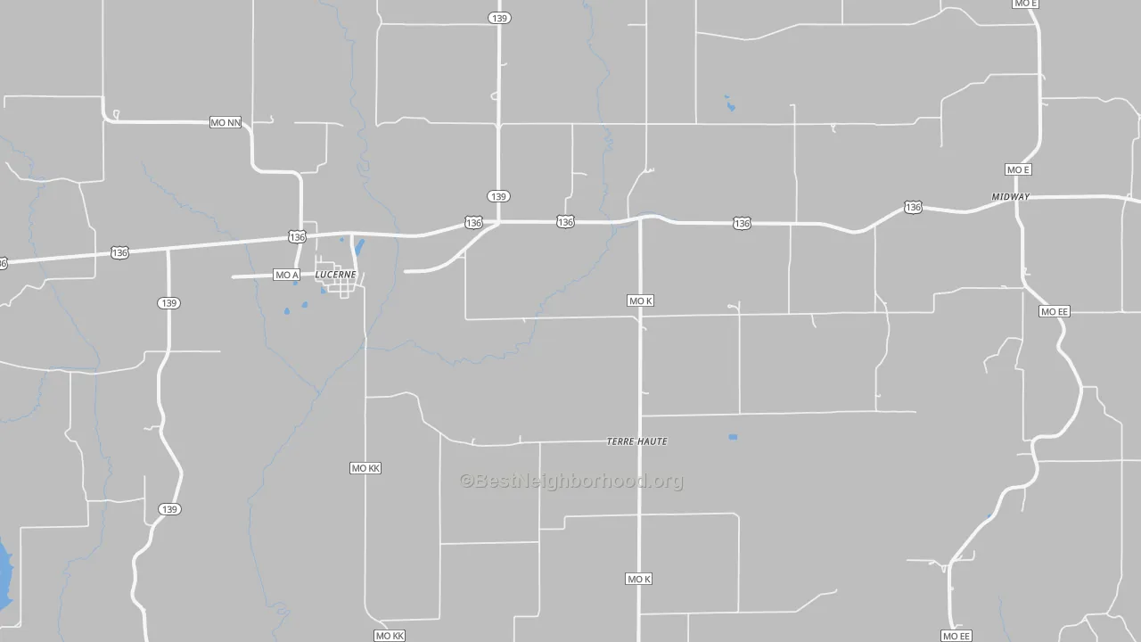 Walk Grade map of 64655, MO, walkable areas in green and car-dependent areas in red