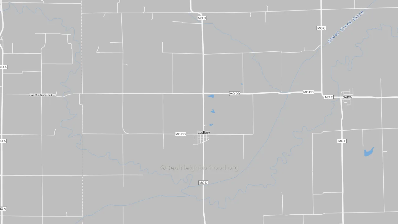 Walk Grade map of 64656, MO, walkable areas in green and car-dependent areas in red