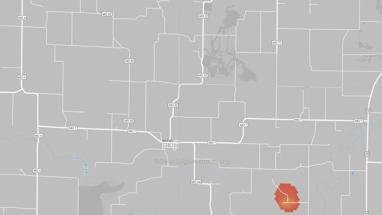 Walk Grade map of 64657, MO, walkable areas in green and car-dependent areas in red