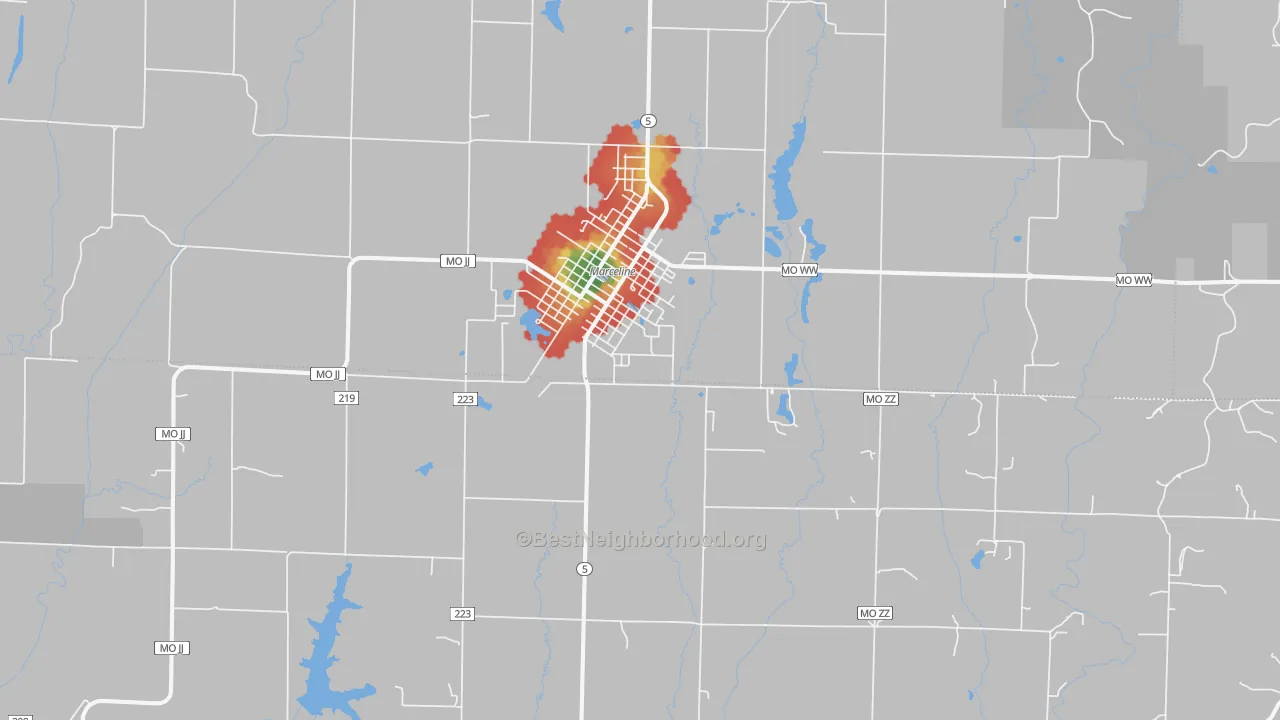 Walk Grade map of 64658, MO, walkable areas in green and car-dependent areas in red