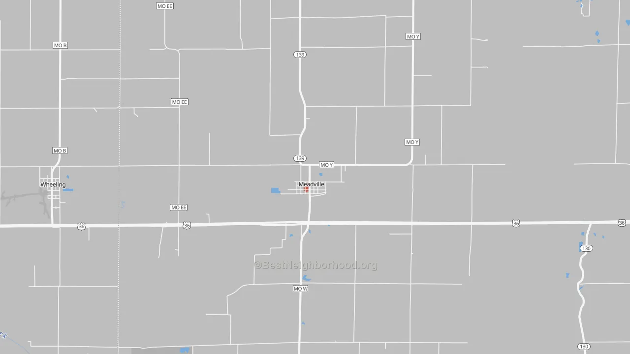 Walk Grade map of 64659, MO, walkable areas in green and car-dependent areas in red