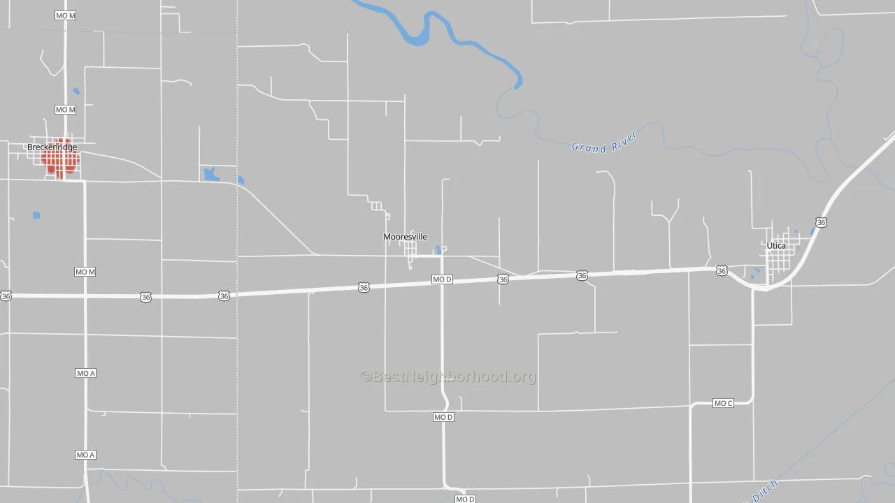 Walk Grade map of 64664, MO, walkable areas in green and car-dependent areas in red