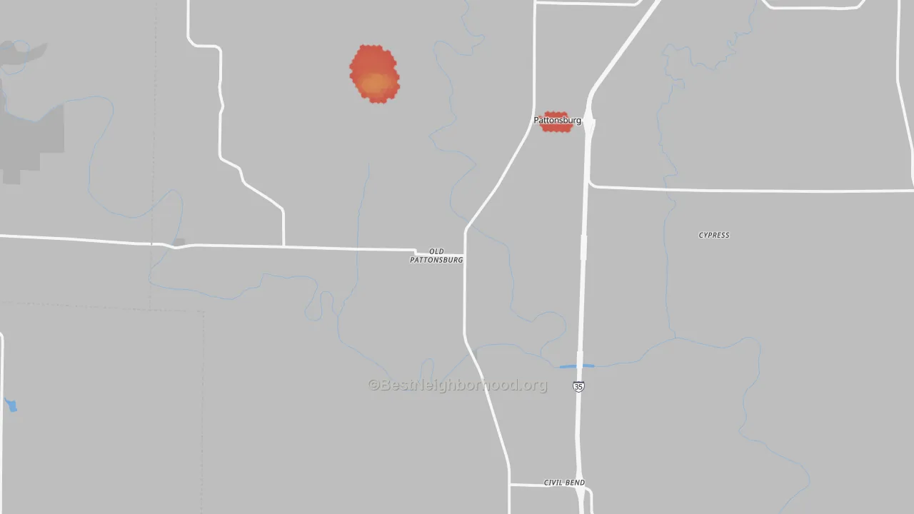 Walk Grade map of 64670, MO, walkable areas in green and car-dependent areas in red