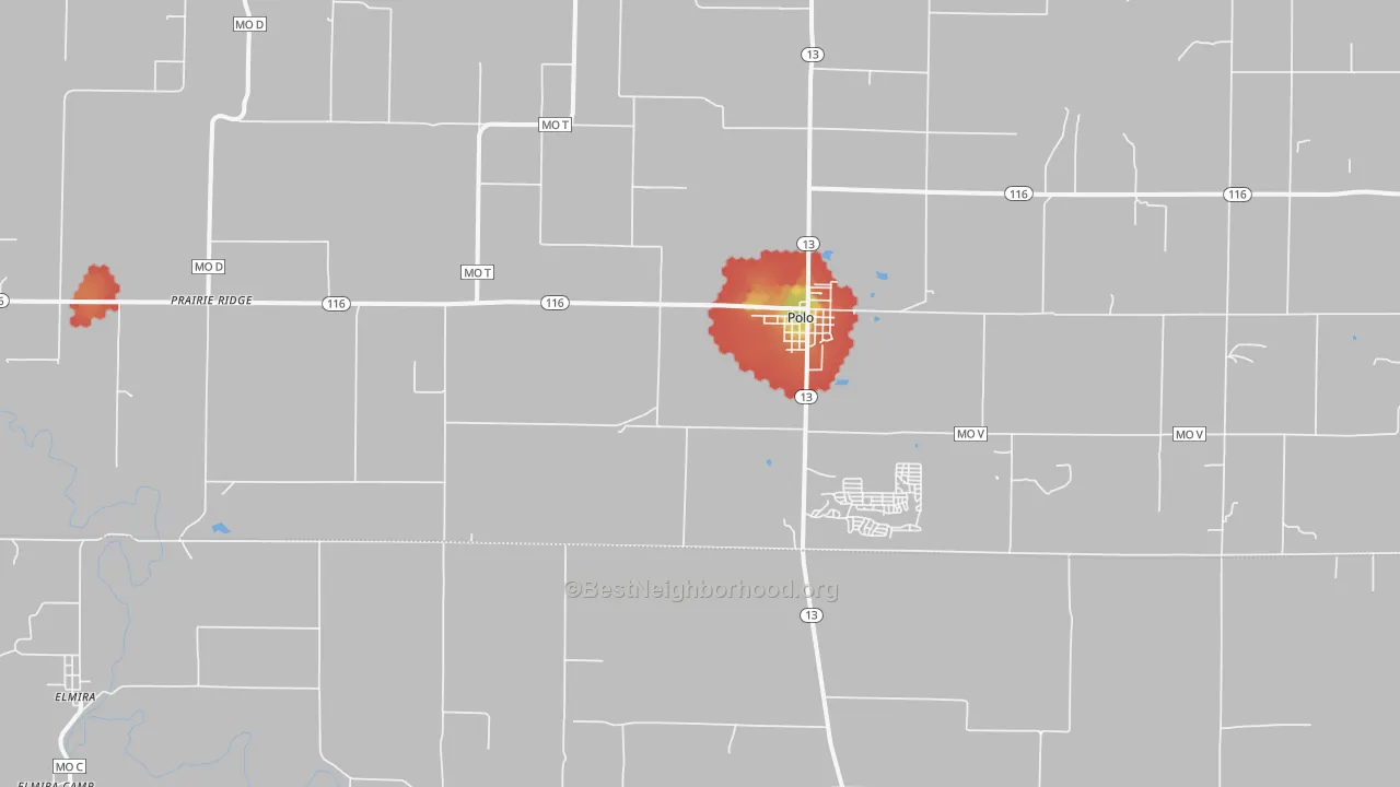 Walk Grade map of 64671, MO, walkable areas in green and car-dependent areas in red