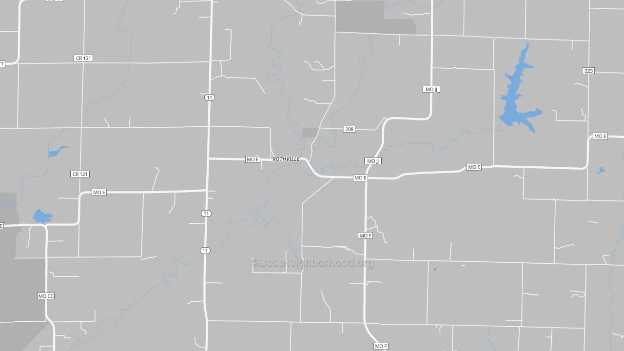 Walk Grade map of 64676, MO, walkable areas in green and car-dependent areas in red