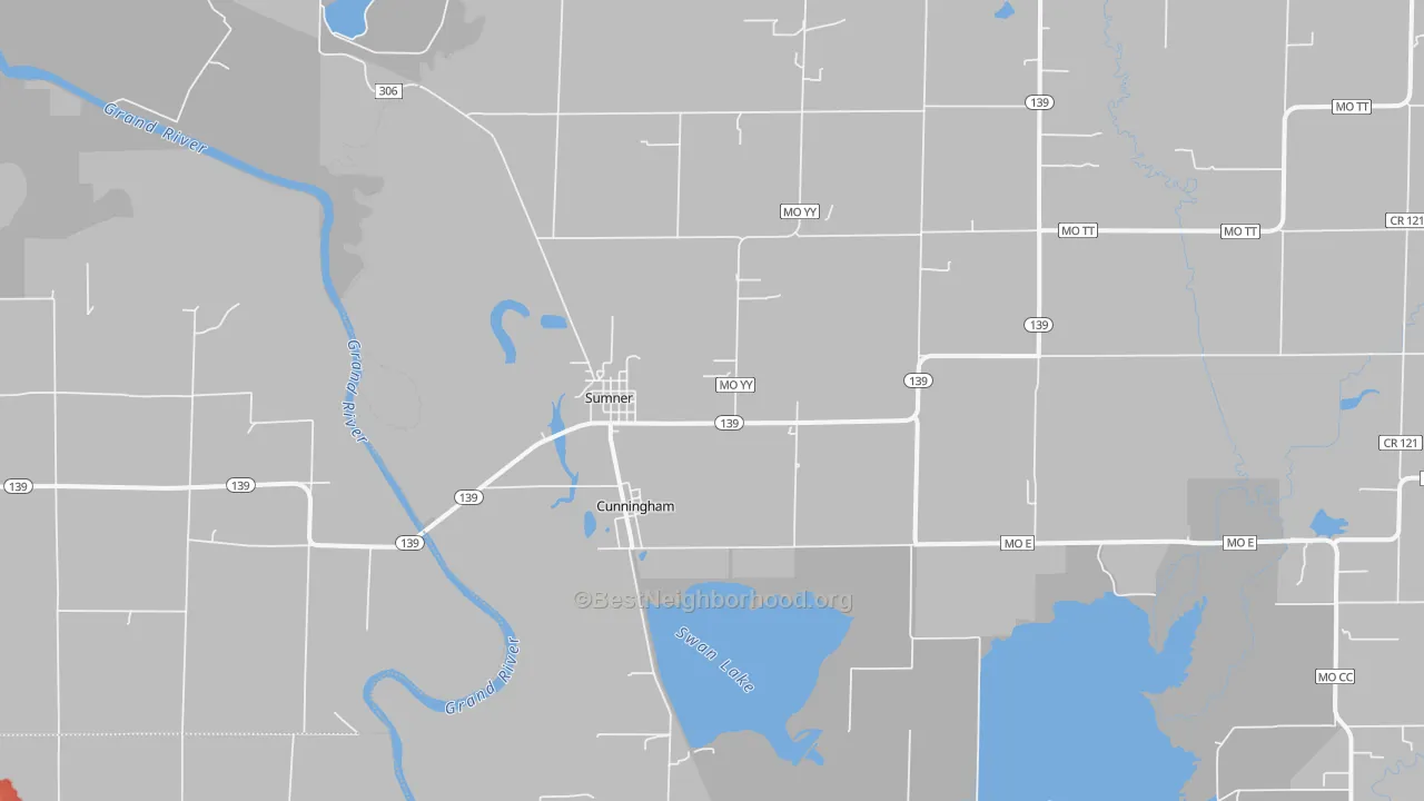 Walk Grade map of 64681, MO, walkable areas in green and car-dependent areas in red