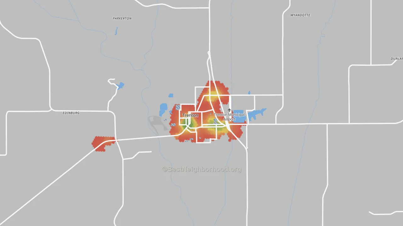 Walk Grade map of 64683, MO, walkable areas in green and car-dependent areas in red