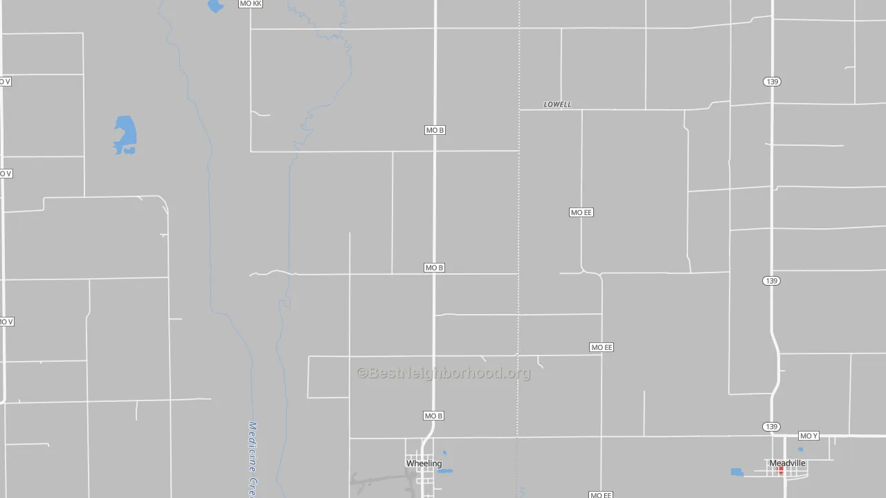 Walk Grade map of 64688, MO, walkable areas in green and car-dependent areas in red