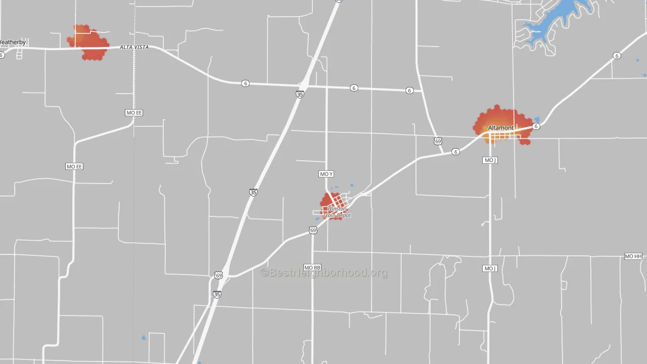 Walk Grade map of 64689, MO, walkable areas in green and car-dependent areas in red