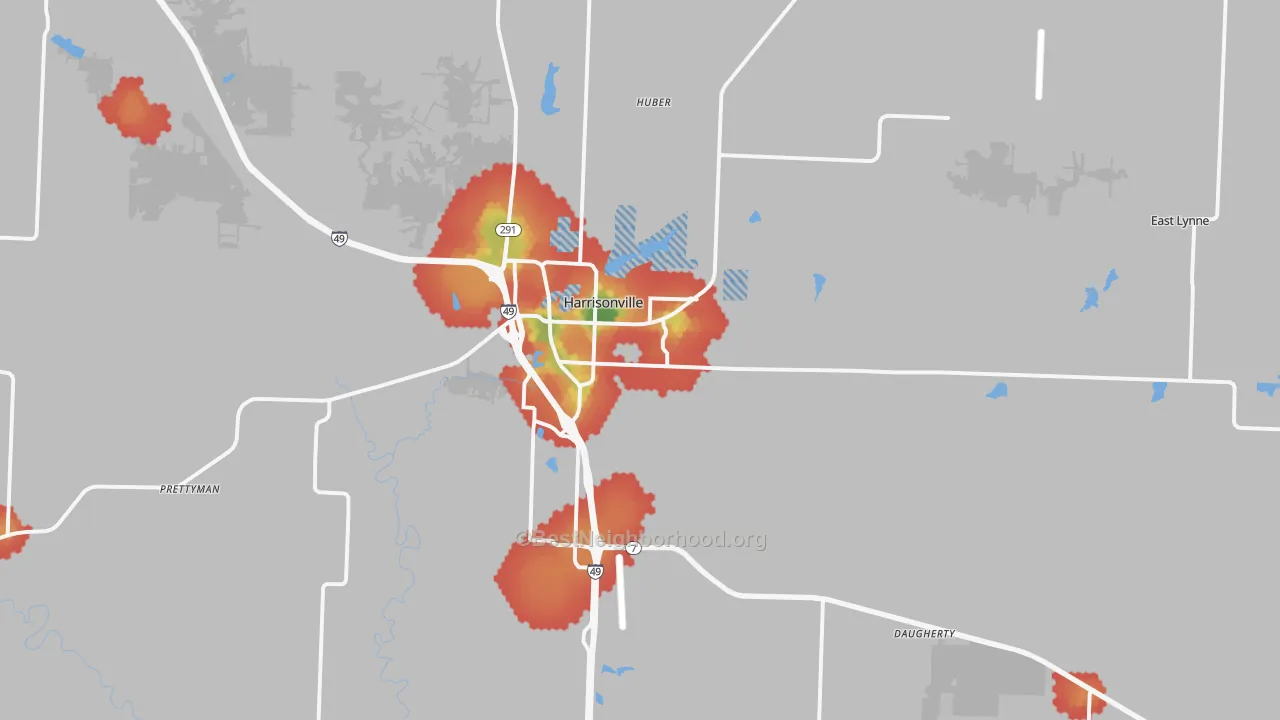 Walk Grade map of 64701, MO, walkable areas in green and car-dependent areas in red
