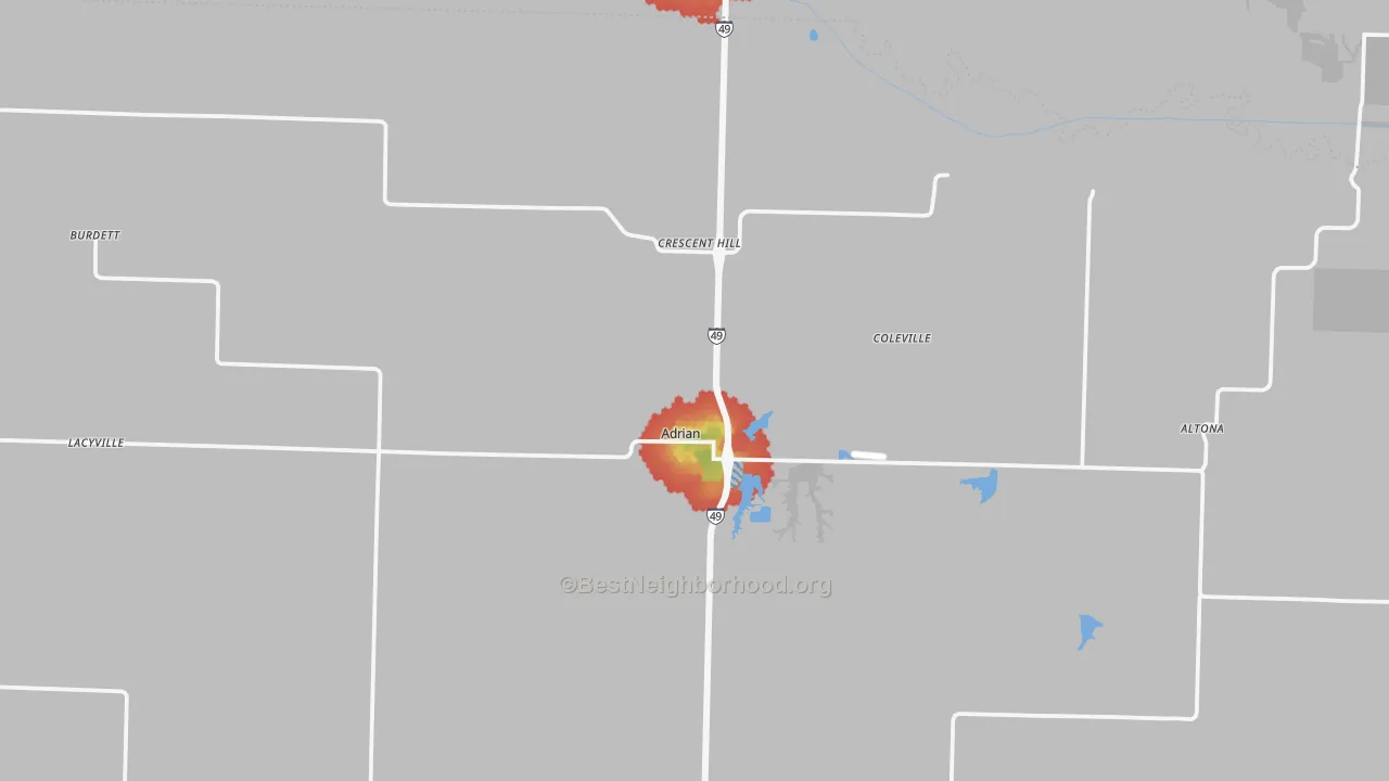 Walk Grade map of 64720, MO, walkable areas in green and car-dependent areas in red