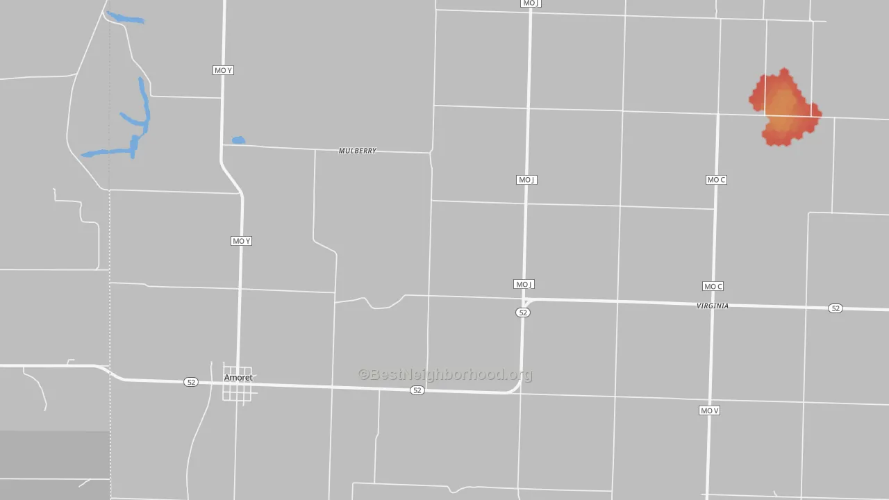 Walk Grade map of 64722, MO, walkable areas in green and car-dependent areas in red