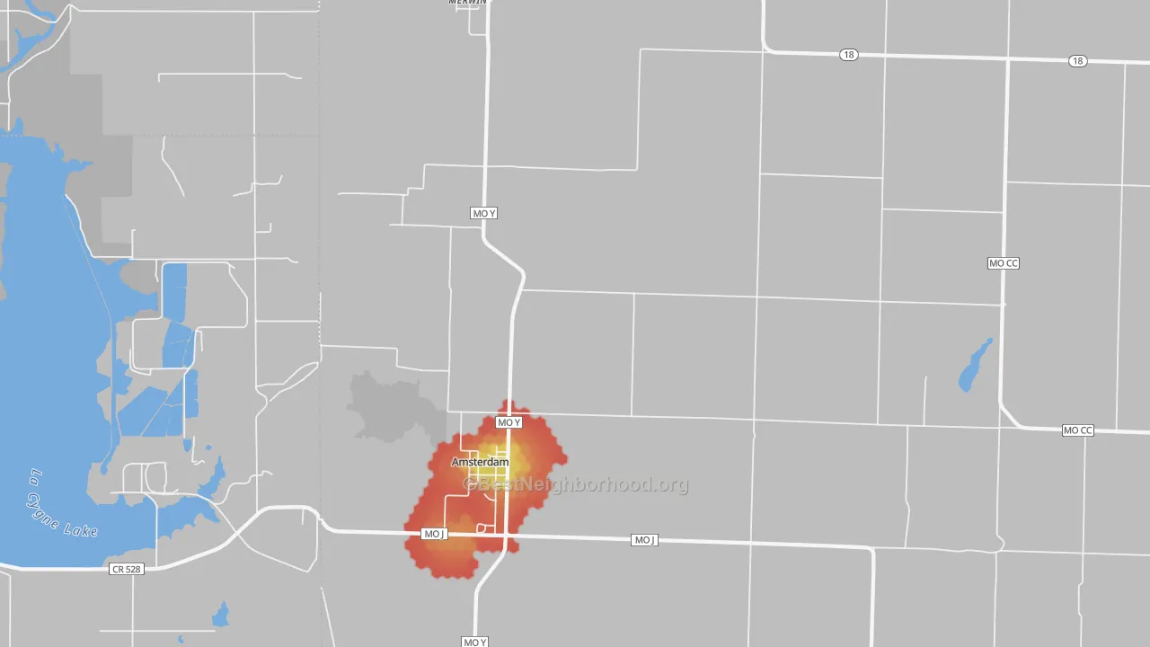 Walk Grade map of 64723, MO, walkable areas in green and car-dependent areas in red