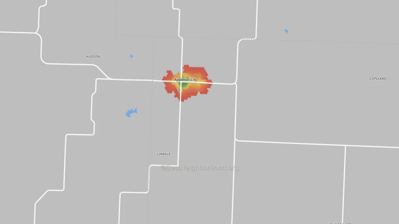 Walk Grade map of 64724, MO, walkable areas in green and car-dependent areas in red