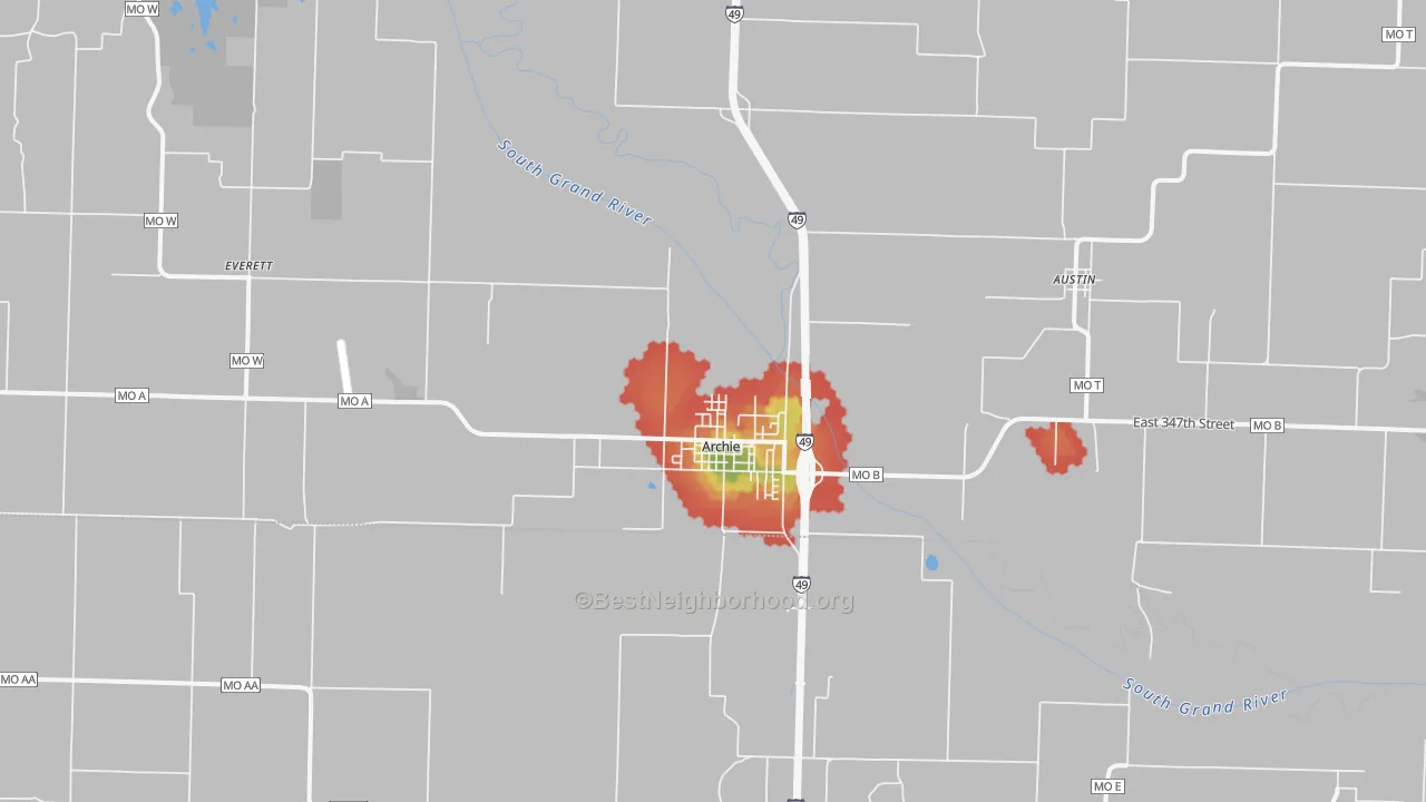 Walk Grade map of 64725, MO, walkable areas in green and car-dependent areas in red
