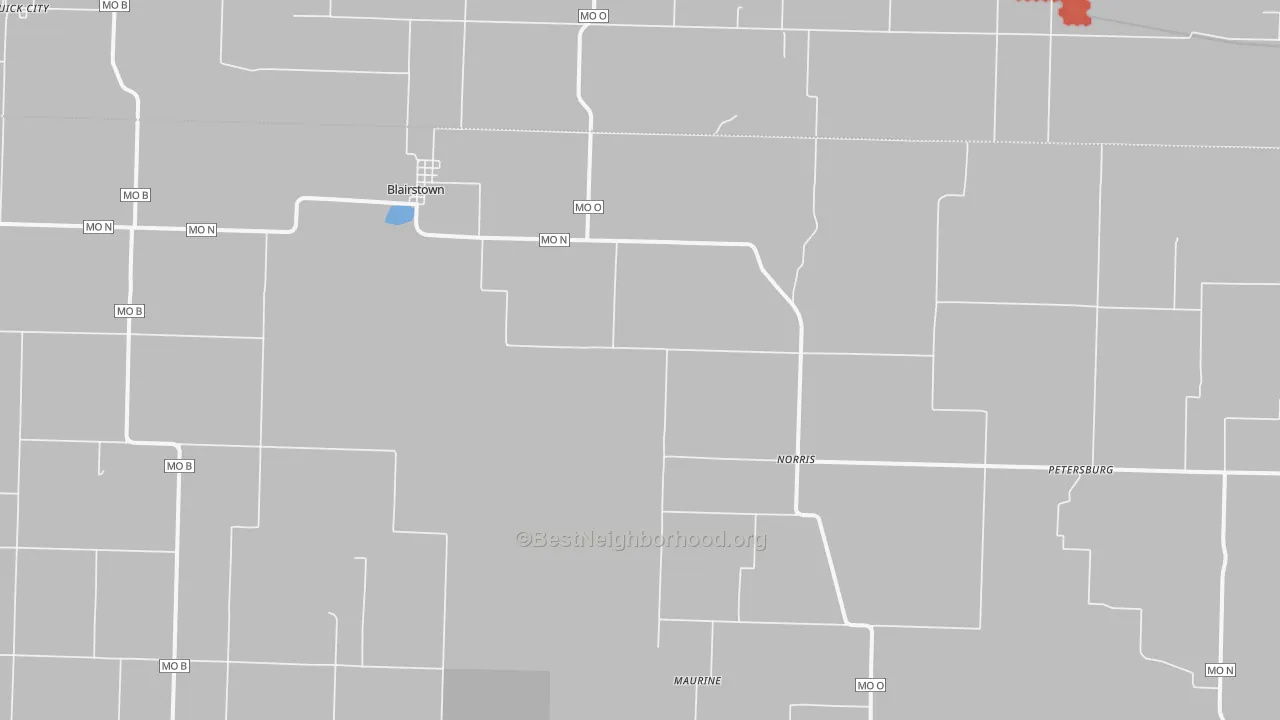 Walk Grade map of 64726, MO, walkable areas in green and car-dependent areas in red