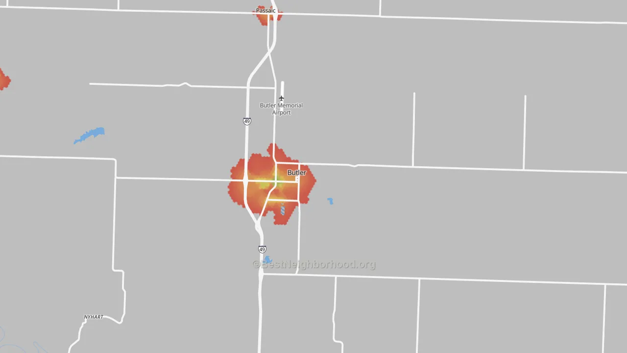Walk Grade map of 64730, MO, walkable areas in green and car-dependent areas in red