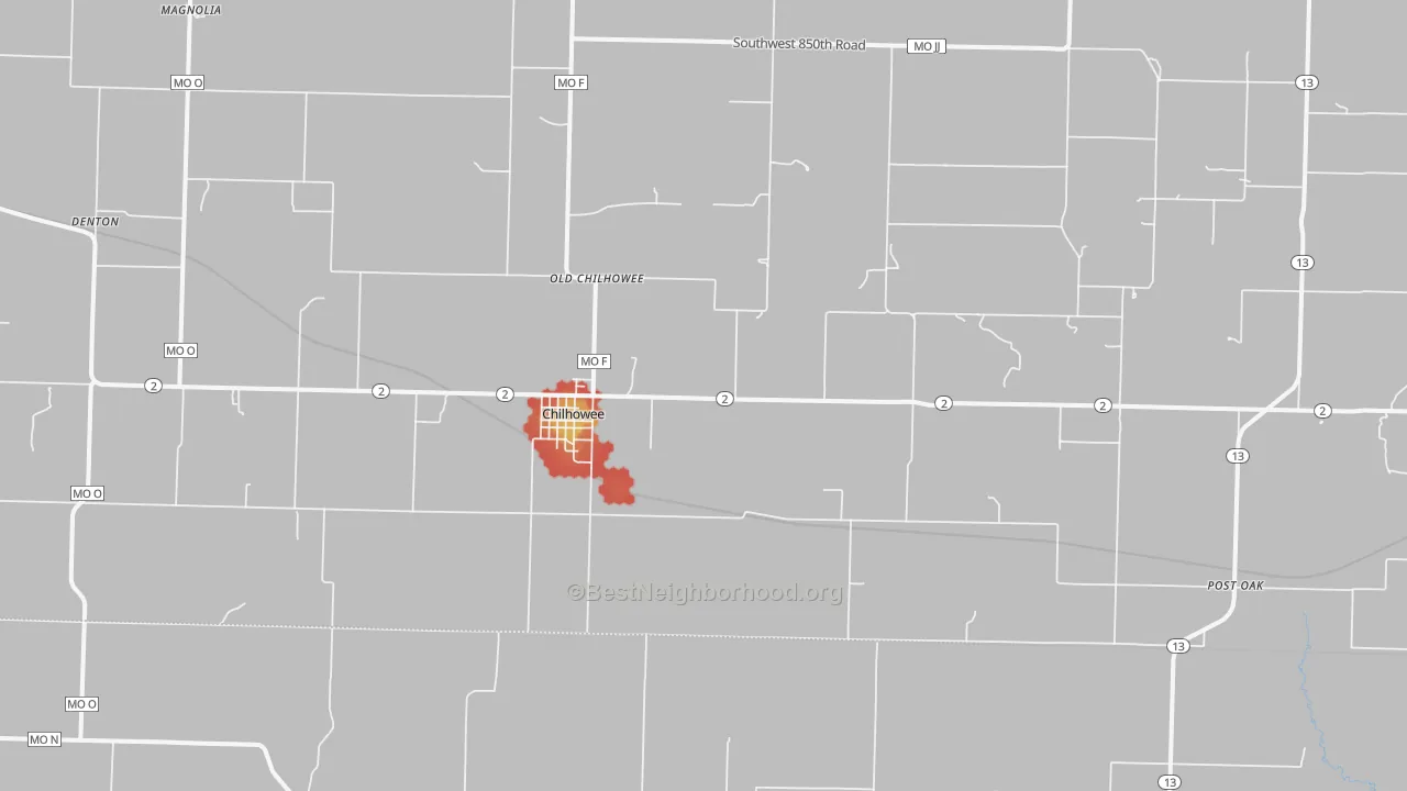 Walk Grade map of 64733, MO, walkable areas in green and car-dependent areas in red