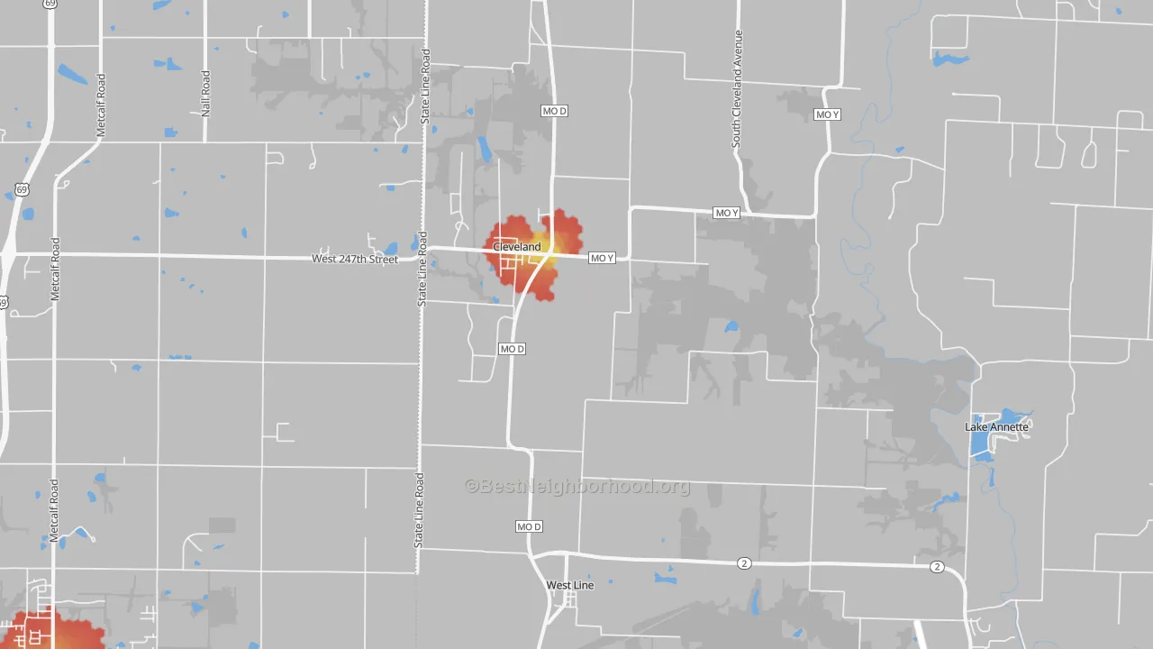 Walk Grade map of 64734, MO, walkable areas in green and car-dependent areas in red