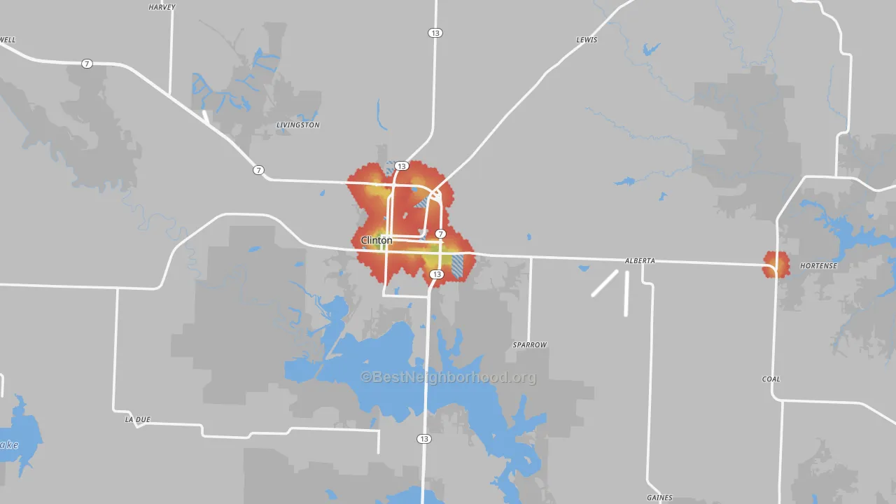 Walk Grade map of 64735, MO, walkable areas in green and car-dependent areas in red