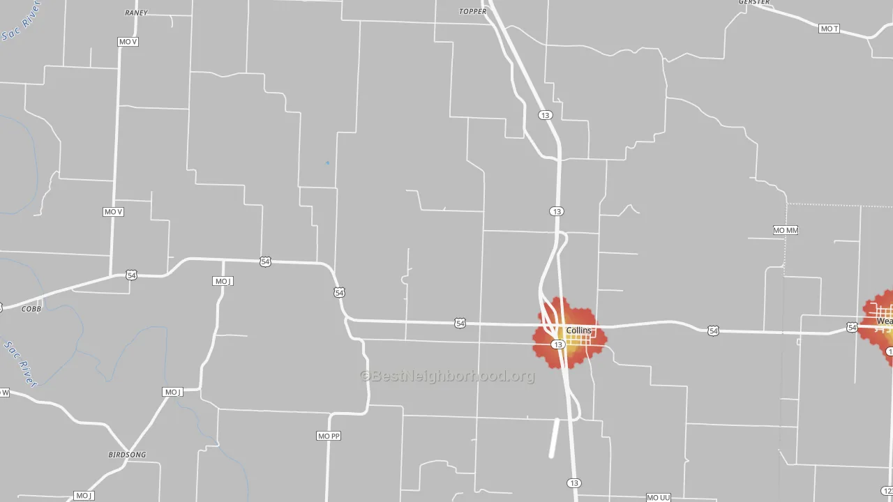 Walk Grade map of 64738, MO, walkable areas in green and car-dependent areas in red