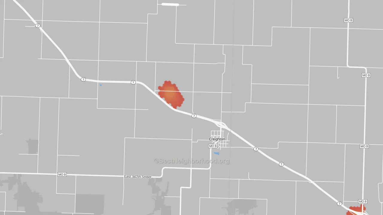 Walk Grade map of 64739, MO, walkable areas in green and car-dependent areas in red