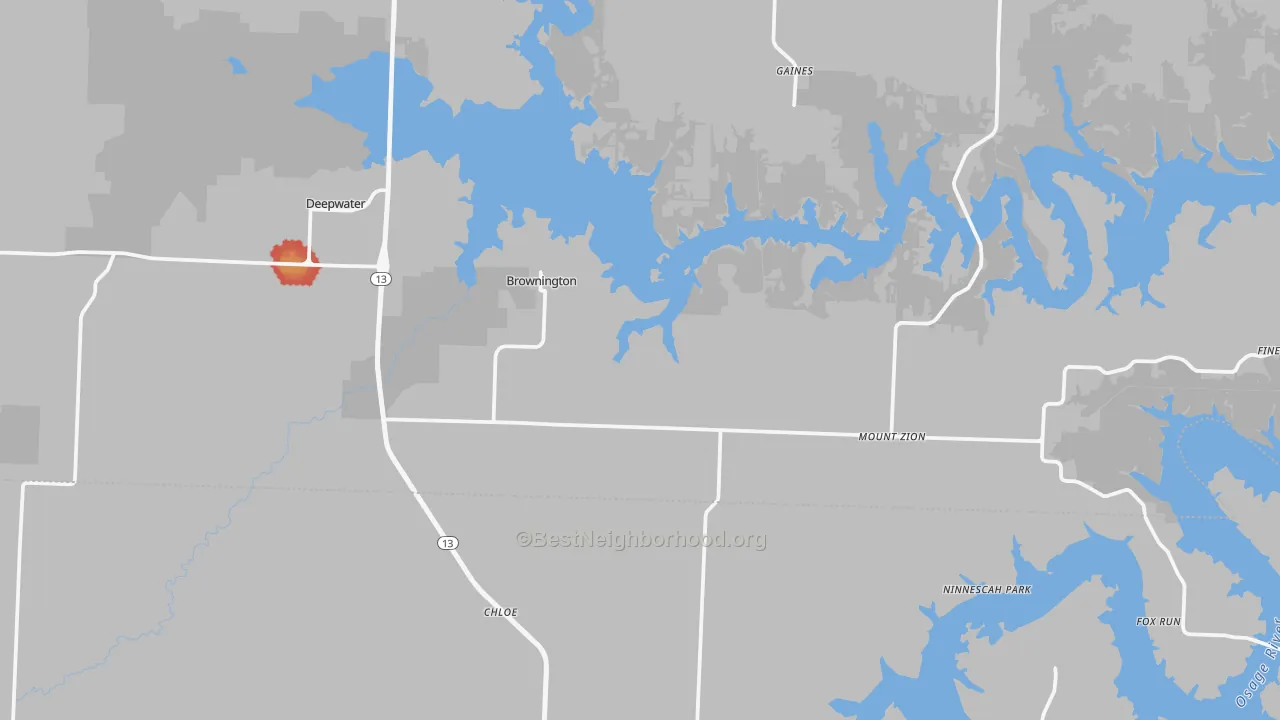 Walk Grade map of 64740, MO, walkable areas in green and car-dependent areas in red