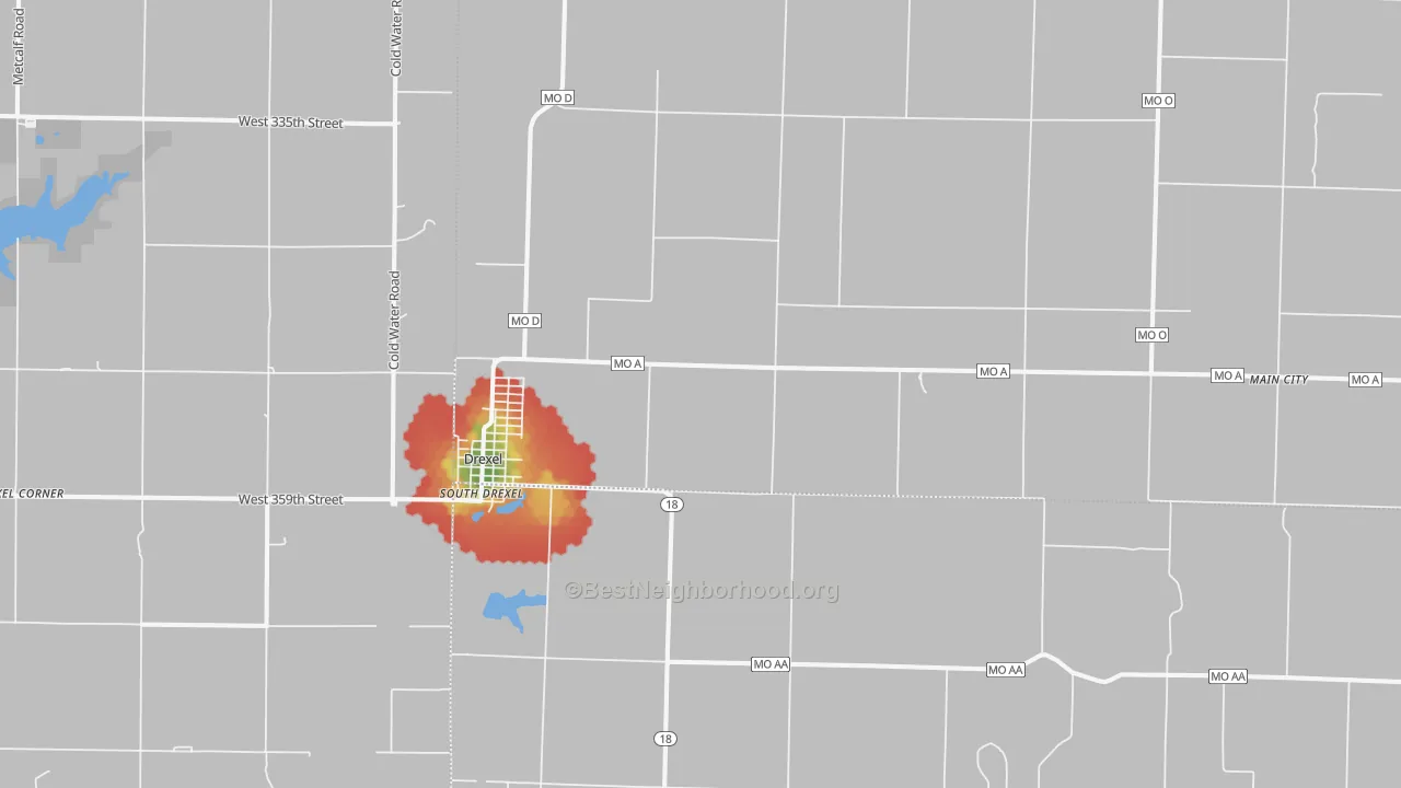 Walk Grade map of 64742, MO, walkable areas in green and car-dependent areas in red