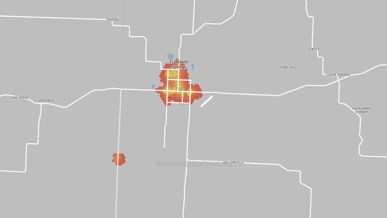 Walk Grade map of 64744, MO, walkable areas in green and car-dependent areas in red