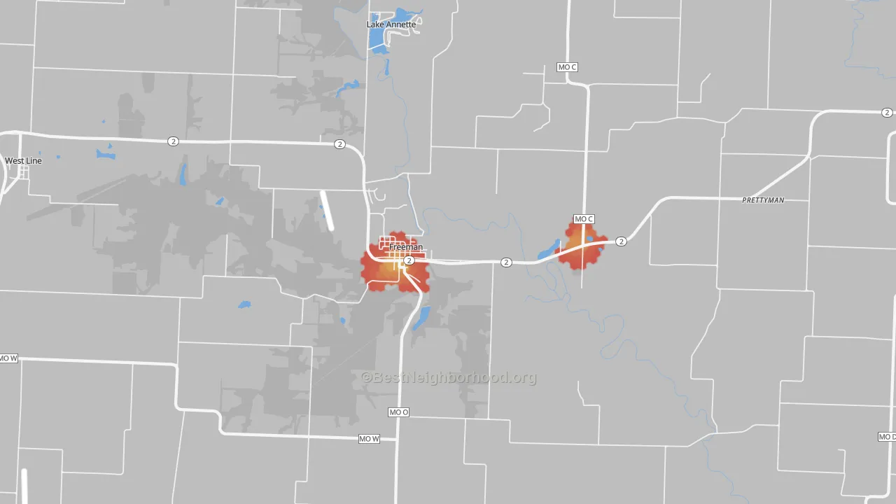 Walk Grade map of 64746, MO, walkable areas in green and car-dependent areas in red