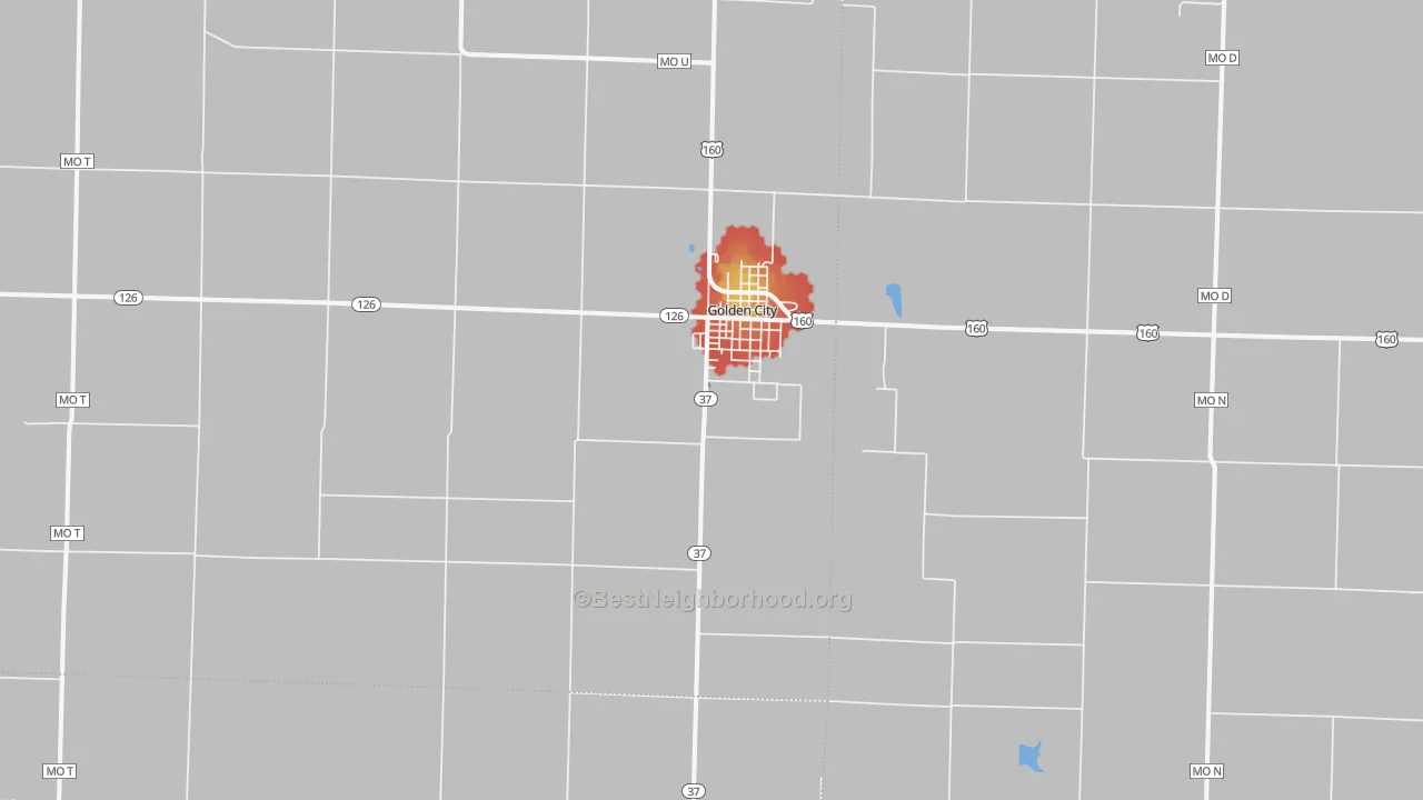 Walk Grade map of 64748, MO, walkable areas in green and car-dependent areas in red