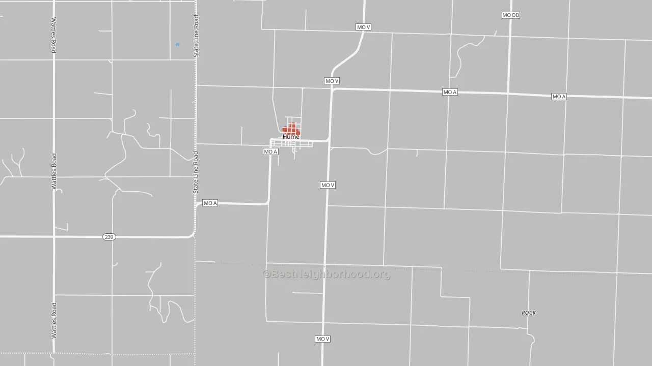 Walk Grade map of 64752, MO, walkable areas in green and car-dependent areas in red