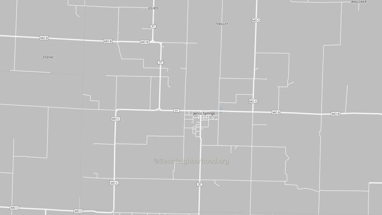 Walk Grade map of 64756, MO, walkable areas in green and car-dependent areas in red