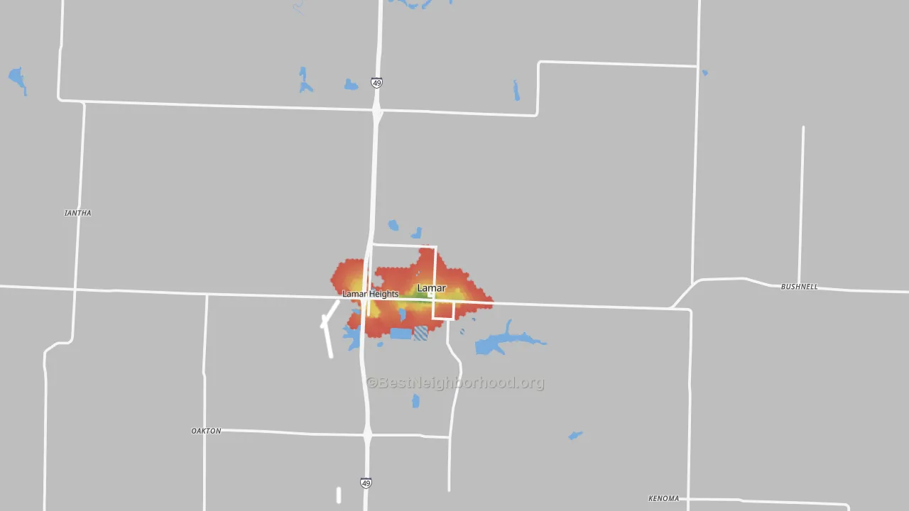 Walk Grade map of 64759, MO, walkable areas in green and car-dependent areas in red