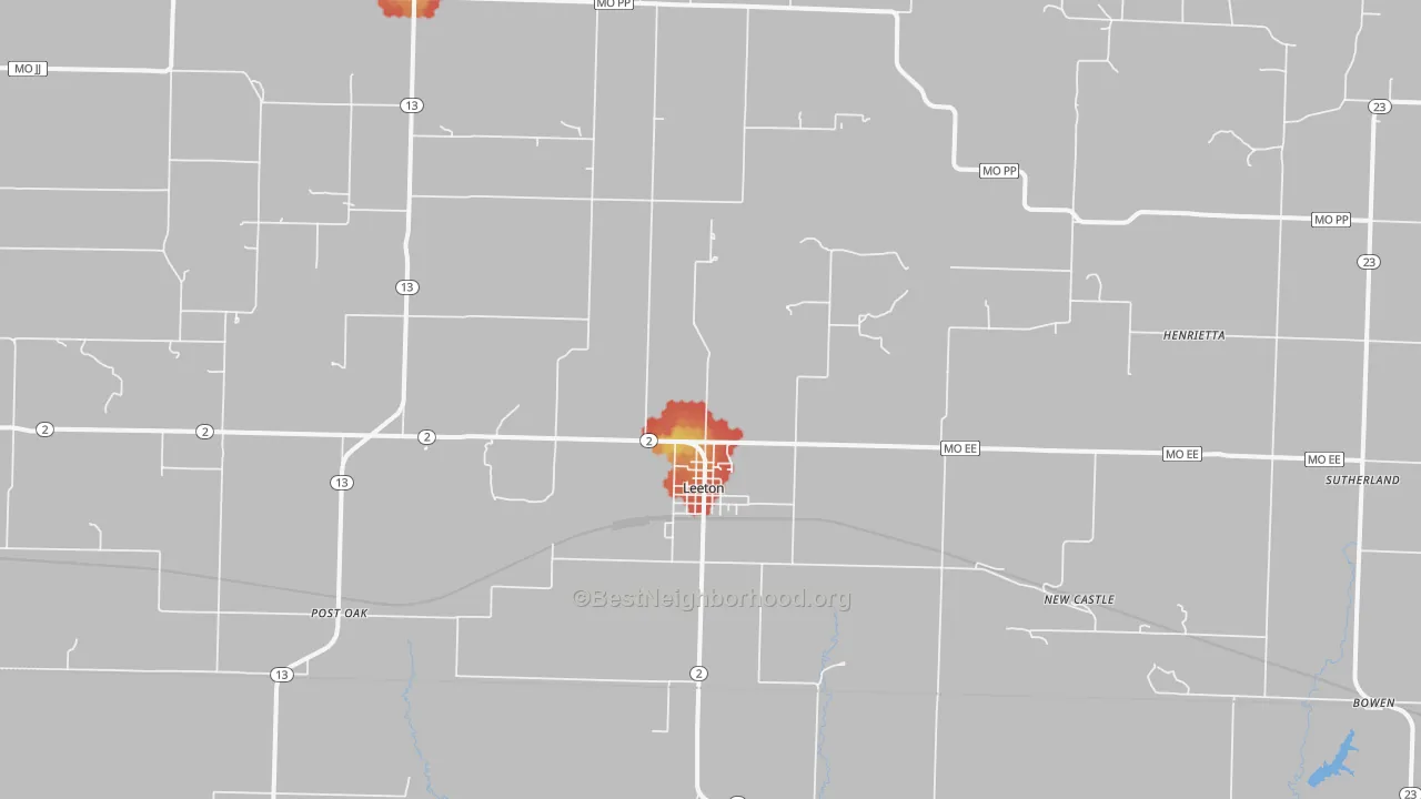 Walk Grade map of 64761, MO, walkable areas in green and car-dependent areas in red