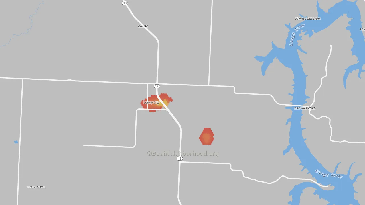 Walk Grade map of 64763, MO, walkable areas in green and car-dependent areas in red