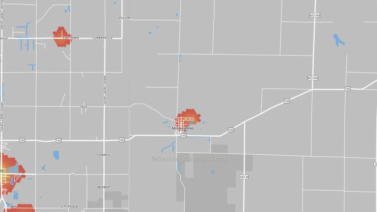 Walk Grade map of 64769, MO, walkable areas in green and car-dependent areas in red
