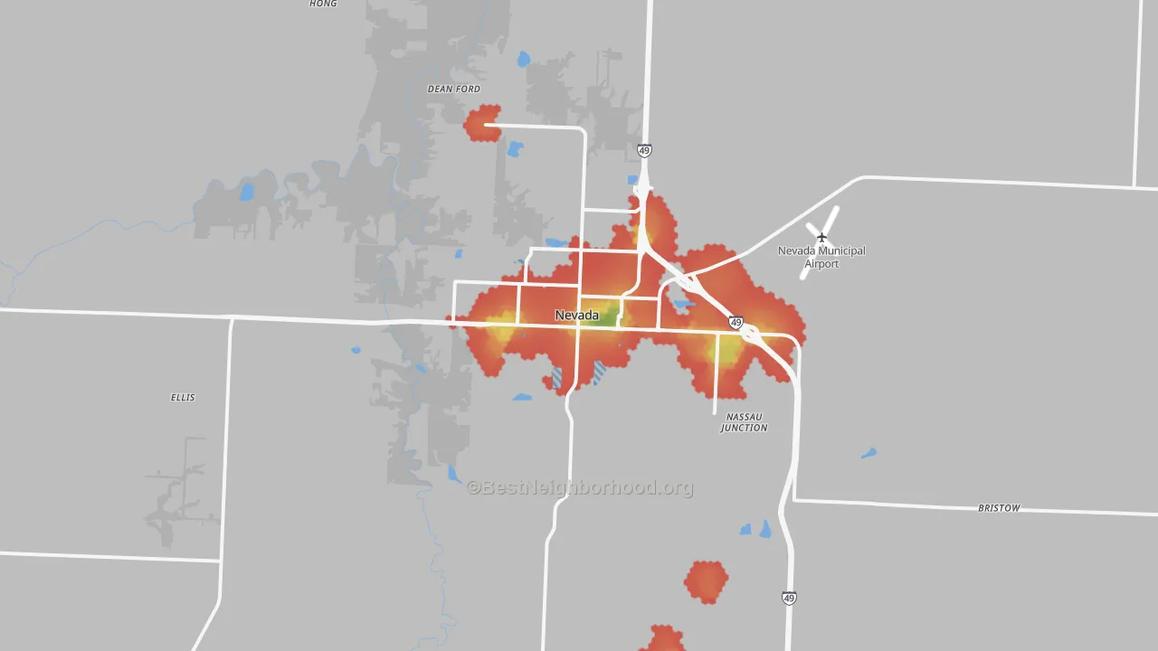 Walk Grade map of 64772, MO, walkable areas in green and car-dependent areas in red