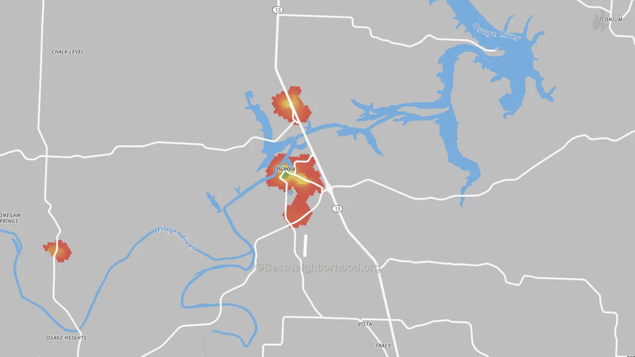 Walk Grade map of 64776, MO, walkable areas in green and car-dependent areas in red