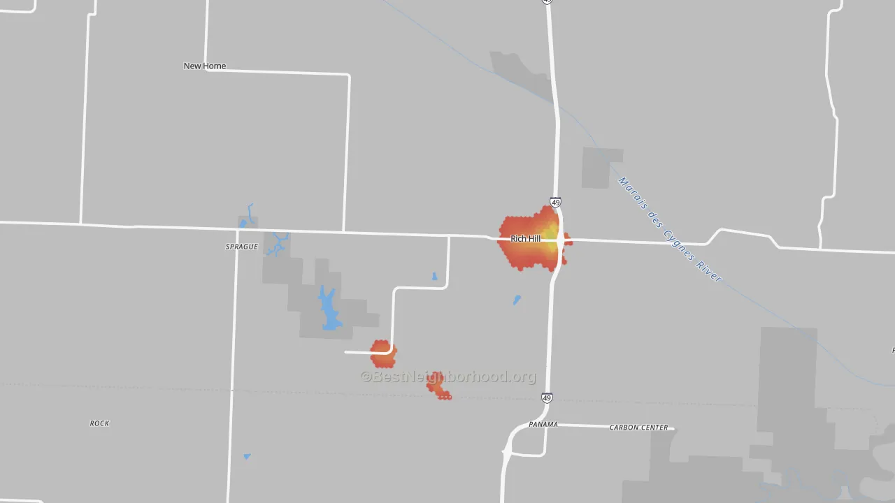 Walk Grade map of 64779, MO, walkable areas in green and car-dependent areas in red