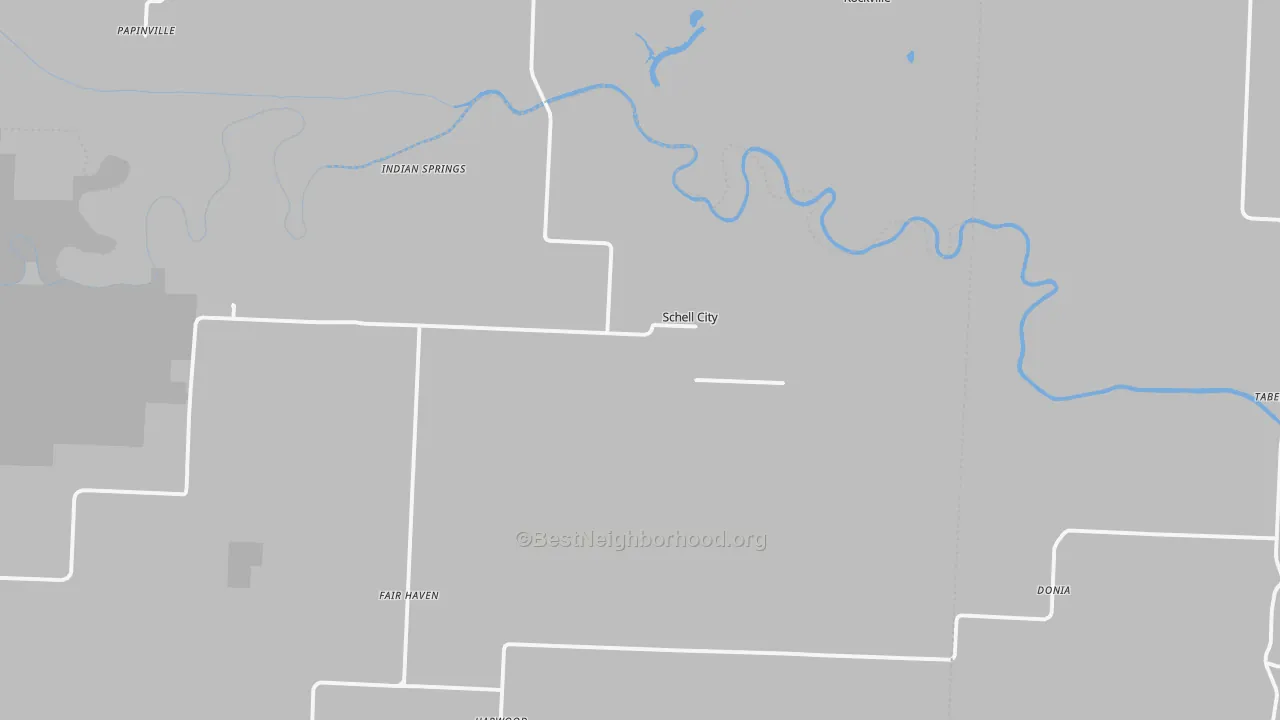 Walk Grade map of 64783, MO, walkable areas in green and car-dependent areas in red