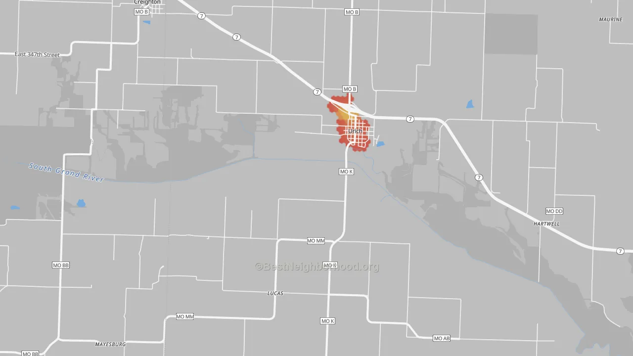Walk Grade map of 64788, MO, walkable areas in green and car-dependent areas in red