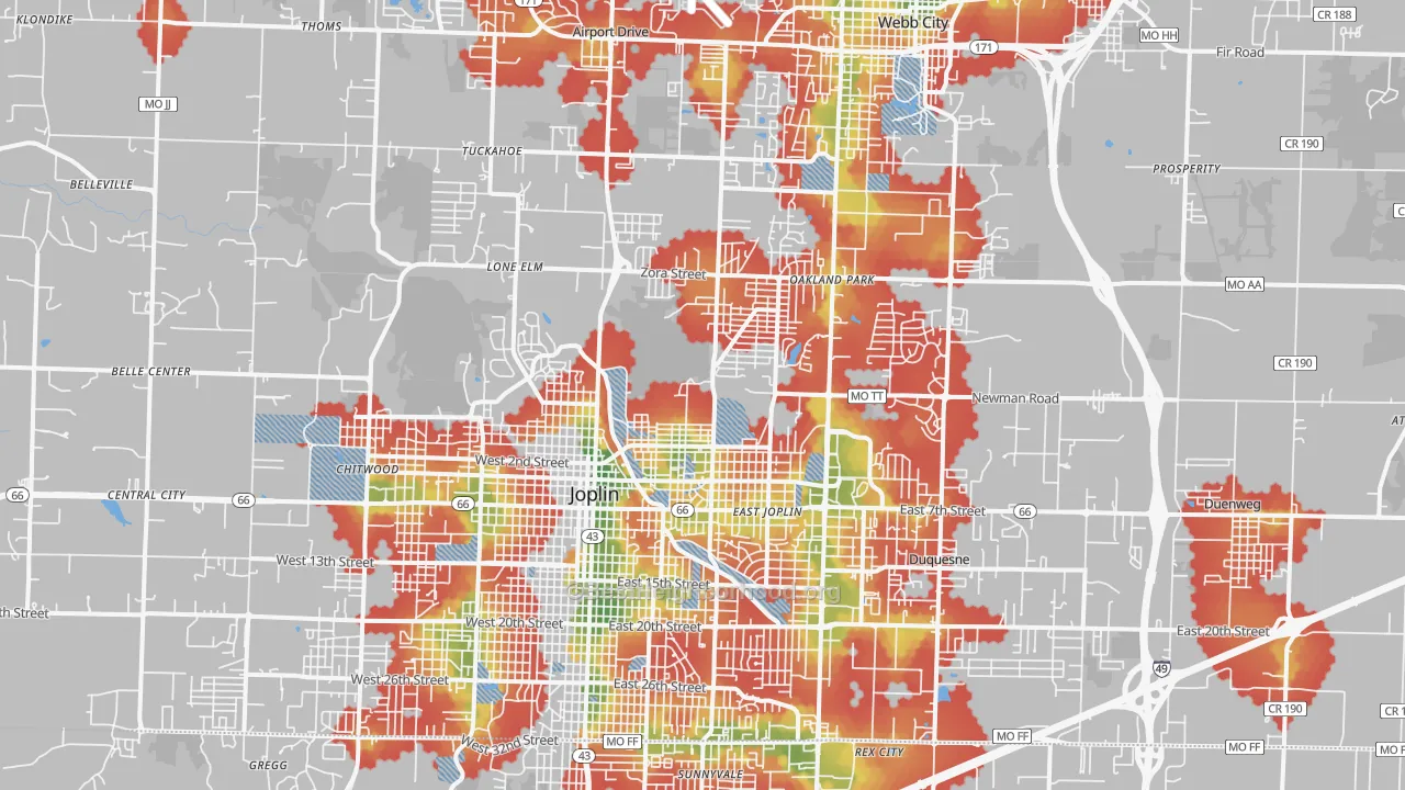 Walk Grade map of 64801, MO, walkable areas in green and car-dependent areas in red